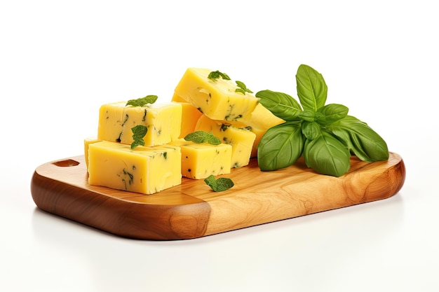 Heerlijke cheddar kaas en basilicum op een wit bord