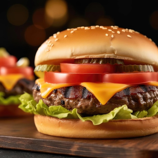 Heerlijke cheeseburger op houten bord op donkere achtergrond close-up