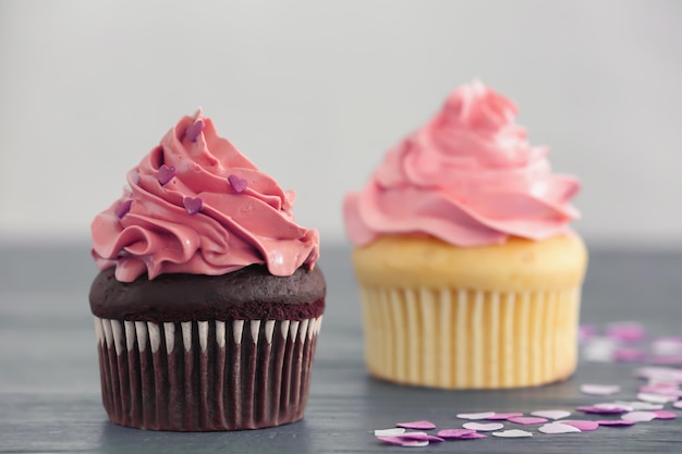 Heerlijke chocolade en vanille cupcakes op tafel