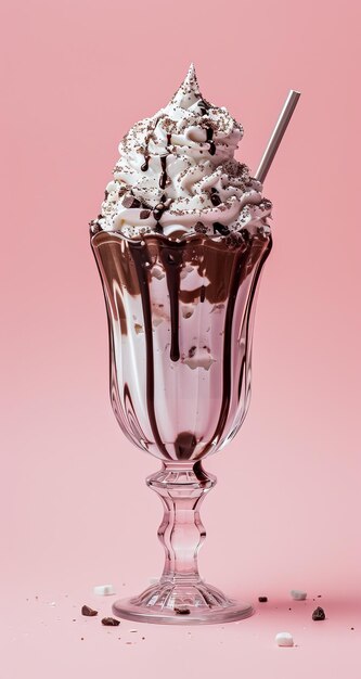 Foto heerlijke chocolade milkshake met slagroom op een roze achtergrond