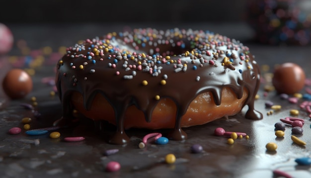 Heerlijke chocoladedonut met zoet glazuur en kleurrijke confetti gegenereerd door kunstmatige intelligentie