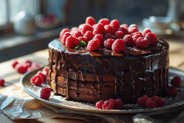 Heerlijke chocoladekoek met verse frambozen op de taartpan desserts