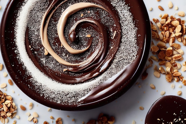 Heerlijke chocoladepasta met witte hagelslag in een kom op een witte tafel 3d illustratie