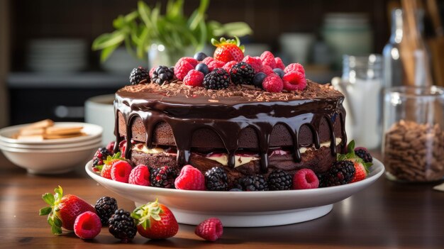 Heerlijke chocoladetaart met verse frambozen op de taartvormdesserts