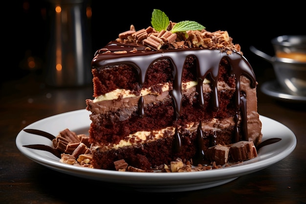 Heerlijke chocoladetaart op een donkere houten achtergrond