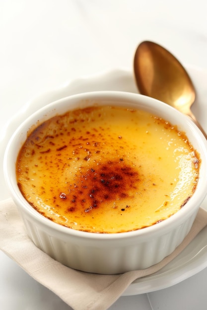 Heerlijke creme brulee op een keramische plaat op een geïsoleerde witte achtergrond