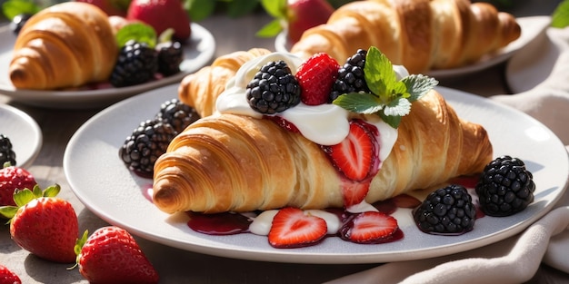 Heerlijke croissants met aardbeien en zwarte bessen