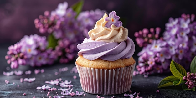 Heerlijke cupcake met paarse glazuur en lavendelbloemen op een donkere achtergrond voor bakkerijconcept