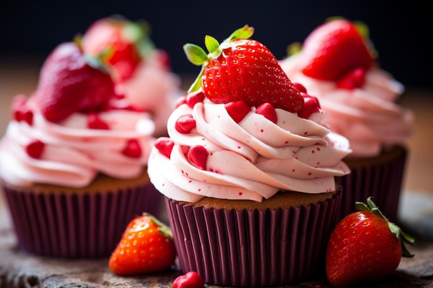 Heerlijke cupcakes met aardbeien op tafel achtergrond