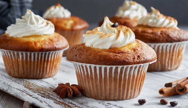 Heerlijke cupcakes met beige ganache glazuur dessert met geslagen room zoet en lekker eten