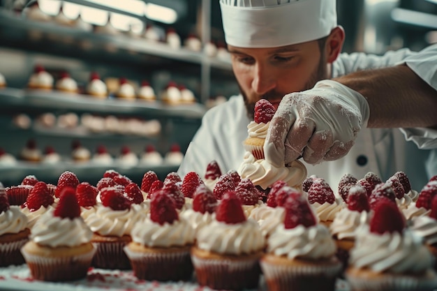 Foto heerlijke cupcakes worden versierd door een mannelijke pastei chef generative ai