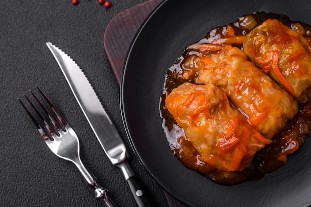 Heerlijke dolma in tomatensaus met wortelen, uien, zout, specerijen en kruiden op een donkere betonnen ondergrond