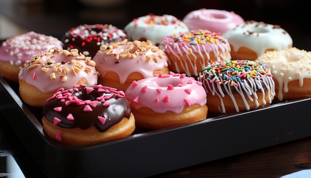 Heerlijke donut met chocoladesuikerglazuur, verse aardbeien en romige vulling gegenereerd door kunstmatige intelligentie