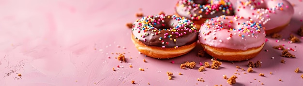 Foto heerlijke donuts, heerlijke snacks of desserts, culinaire meesterwerken versierd met zoete suikerpoeder, chocolade, koekjesbroodjes en room.