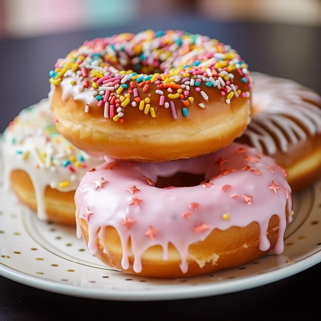 Heerlijke donuts in veelkleurige glazuur close-up op witte plaat