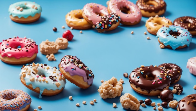 Heerlijke donuts op blauwe achtergrond Achtergrond met kopie ruimte