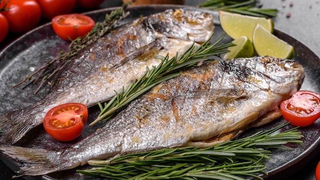 Heerlijke dorado gebakken op een grill met kruiden en specerijen. Dorado kookte ongeveer