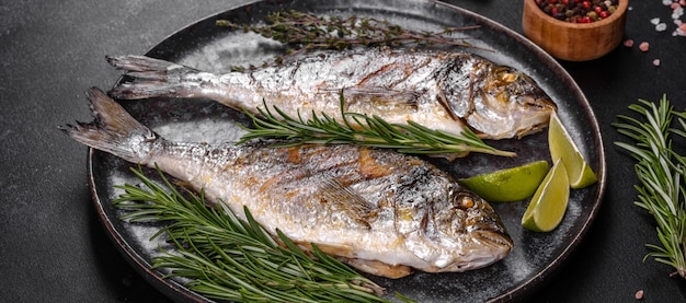 Heerlijke dorado gebakken op een grill met kruiden en specerijen