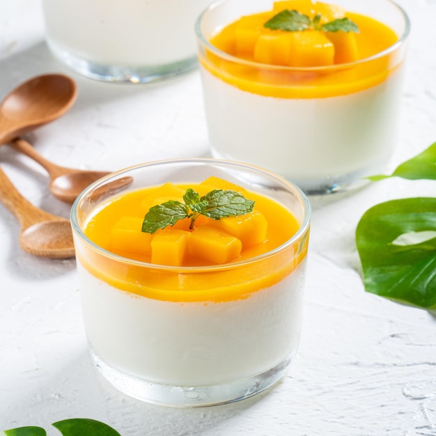 Heerlijke dubbel gekleurde mango panna cotta mousse pudding op witte tafel achtergrond