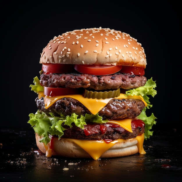 Heerlijke dubbele cheeseburger op zwarte achtergrond.