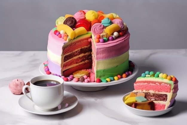 Heerlijke en mooie cake met regenboogkleuren geserveerd met thee of koffie Generatieve AI