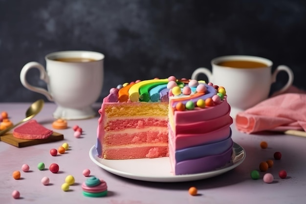 Heerlijke en mooie cake met regenboogkleuren geserveerd met thee of koffie Generatieve AI