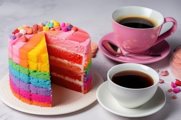 Heerlijke en mooie cake met regenboogkleuren geserveerd met thee of koffie Generatieve AI