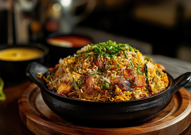 Heerlijke en smaakvolle Indiase Biryani-schotel met Basmati-rijstkip en aromatische kruiden op een Woo