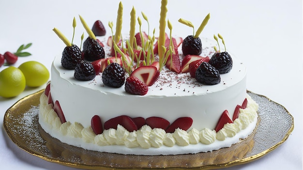 Heerlijke en zoete cake met aardbeien en baiser op een bord