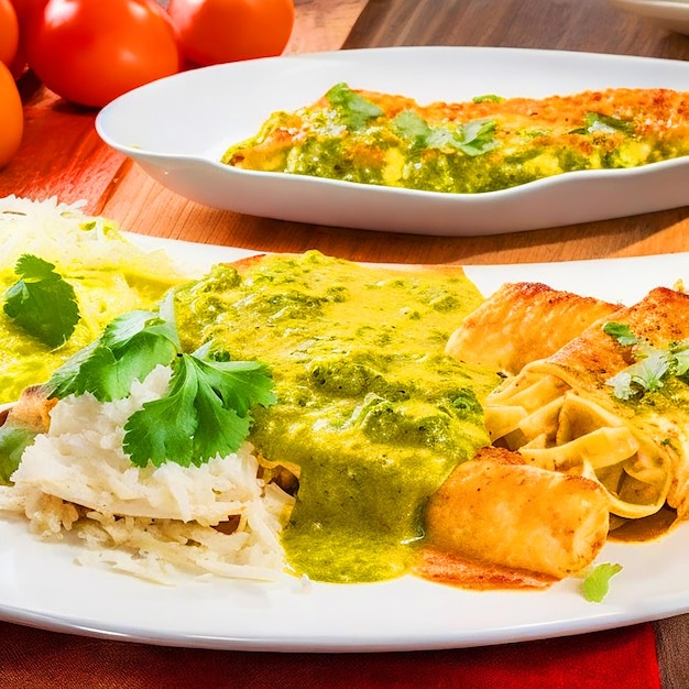 heerlijke enchiladas in groene saus geraspte kaas sla kippenreepjes op een witte plaat backg