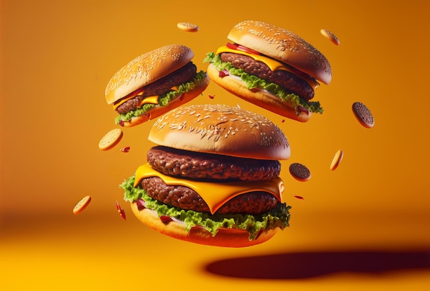 Heerlijke fastfoodburger die op een gele achtergrond generatieve AI vliegt