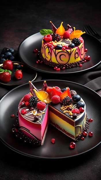 Heerlijke frambozencake met verse aardbeien, frambozen, bosbessen en pistachenoten