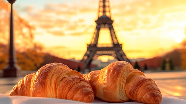 Heerlijke franse croissants op romantische achtergrond van de Eiffeltoren Parijs generatieve AI