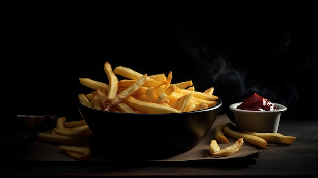 heerlijke Franse frietjes in een kom met saus op donkere achtergrond