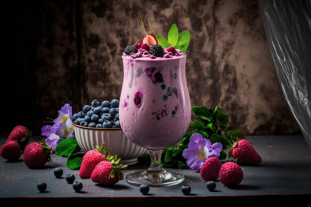 Heerlijke fruitsmoothie met roze bessen in een glas Met sojamelk en bessen een voedzame vegan milkshake of smoothie