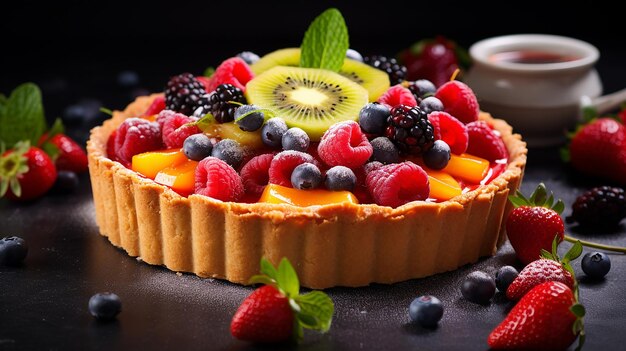 Foto heerlijke fruittaart met kiwi sinaasappels en aardbeien