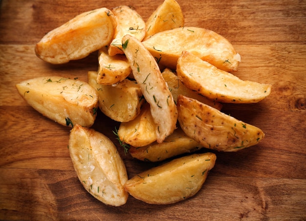 Heerlijke gebakken aardappel wiggen op houten achtergrond