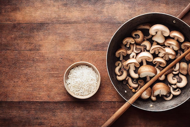 Heerlijke gebakken champignons in koekenpan met toevoeging van olie en kruiden