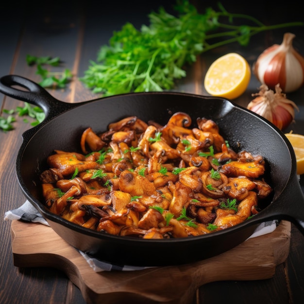 Heerlijke gebakken chanterelle paddestoelen in een pan