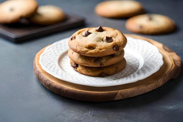 Foto heerlijke gebakken chocolade chip cookie op bord generatieve ai