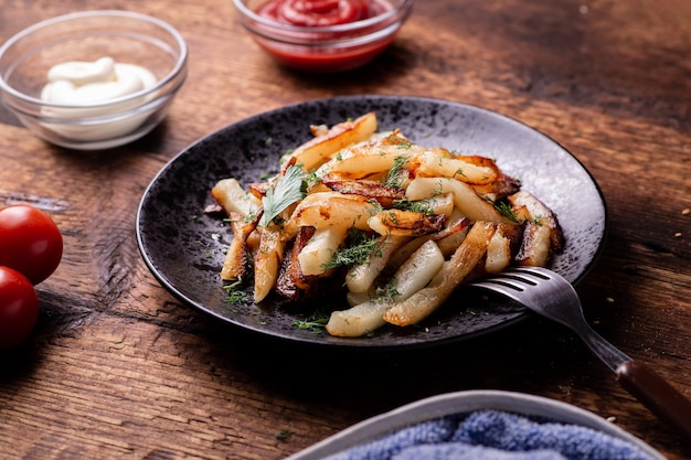 Heerlijke gebakken gehakte aardappelen met ketchup mayonaise en kruiden op een houten achtergrond