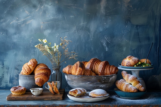 Heerlijke gebakken goederen verscheidenheid van de Deense croissant op een tafel in de stijl van het stilleven op een donkerblauwe