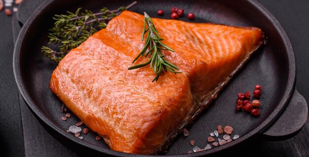 Heerlijke gebakken zalm rode vis steak met specerijen en kruiden op een donkere betonnen achtergrond