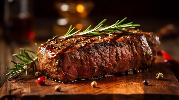 Heerlijke gegrilde biefstuk en kruiden op een houten bord