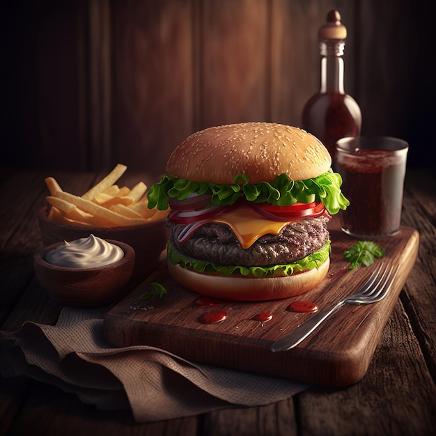 Heerlijke gegrilde hamburger geïsoleerd met koud drankje en friet