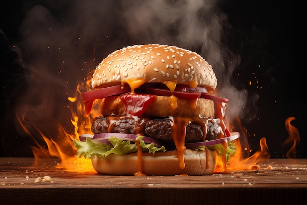 Foto heerlijke gegrilde hamburger op donkere achtergrond