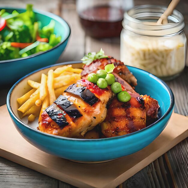 Foto heerlijke gegrilde kip met friet en salade