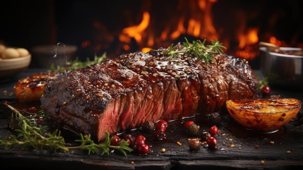 Heerlijke gegrilde steak met gesmolten barbecuesaus op tafel