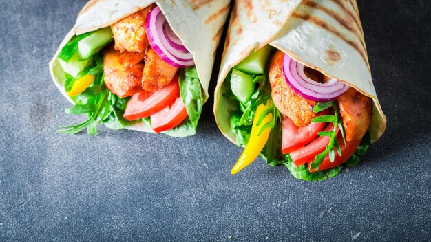 Heerlijke gegrilde tortilla met kiptomaatjes en sla