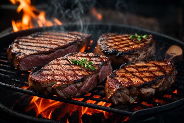 Foto heerlijke gegrilde varkensvlees of rundvlees steaks vallen naar beneden